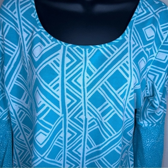 XL SANTIKI TEAL BLUE WHITE BELL SLEEVE BLOUSE TOP STRETCH PULLOVER - Picture 3 of 11